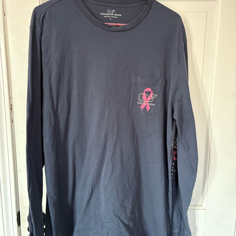 Vineyard Vines Men's Charcoal Long Sleeve Tee- Breast Cancer Edition